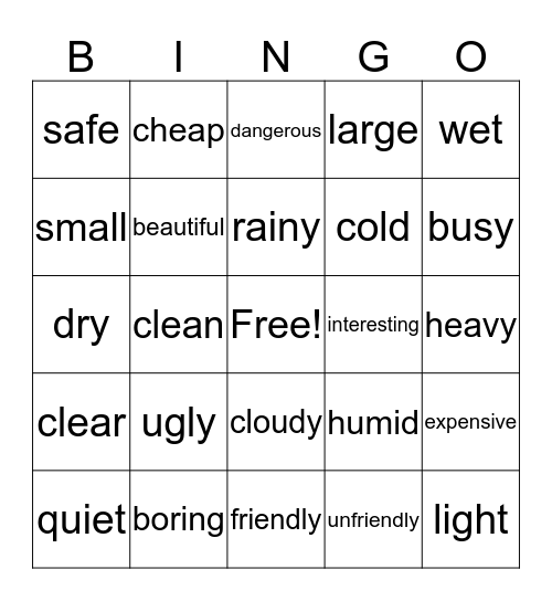 Adjective Bingo Card