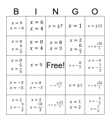 Algebra 2 - 5.5 Practice Bingo Card