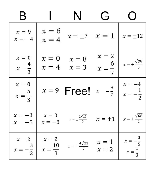 Algebra 2 - 5.5 Practice Bingo Card