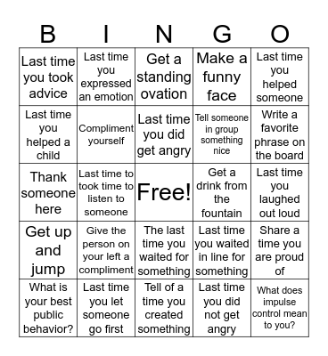 Impulse Control Bingo Card