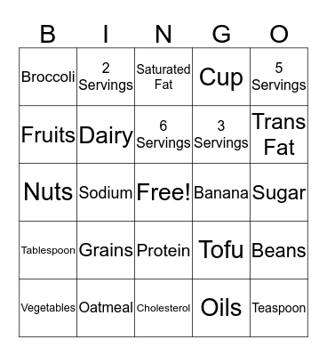 Nutrition Bingo Card