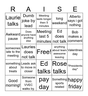 Raise Meeting Bingo Card