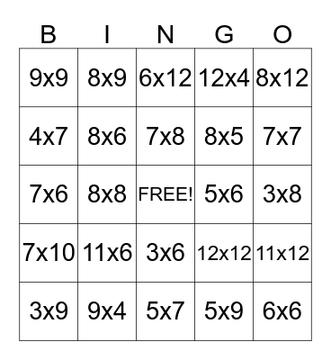 Multiplication Bingo Card