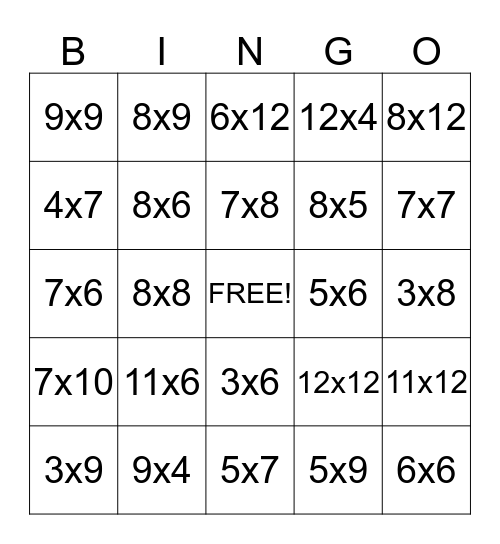 Multiplication Bingo Card
