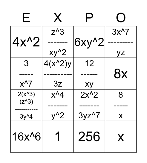 Properties of Exponents Bingo Card