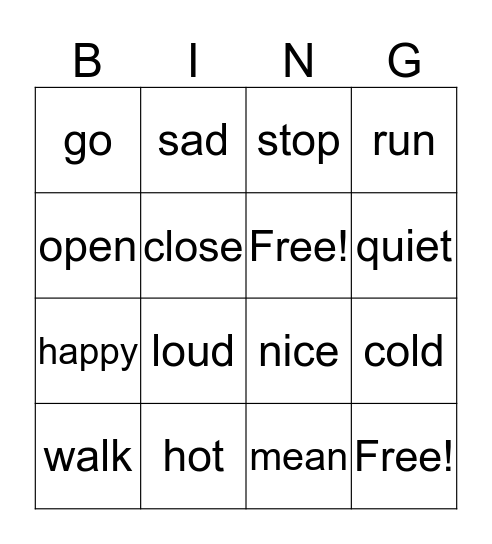 Opposites Bingo Card