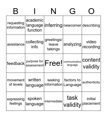 Oral Assessment Bingo Card