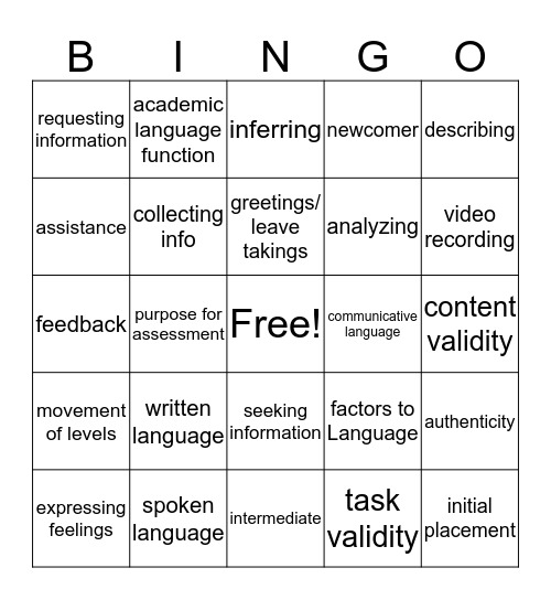 Oral Assessment Bingo Card