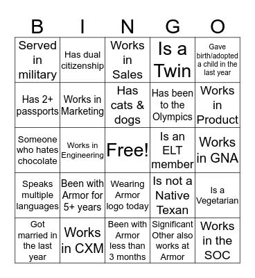 Armor 2020 Kickoff Bingo Card