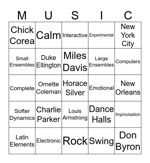 American Music: Jazz Bingo Card