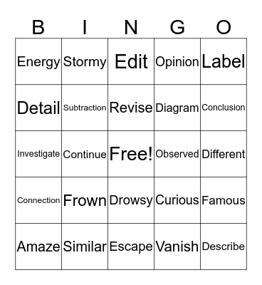 Vocabulary  Bingo Card