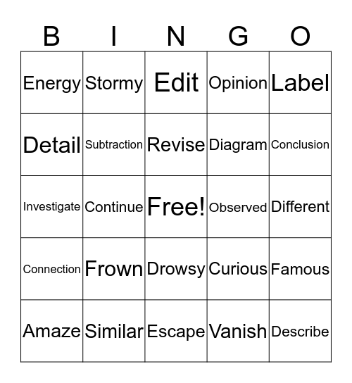 Vocabulary  Bingo Card