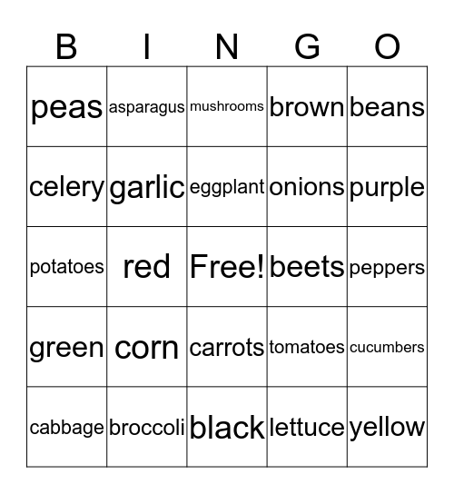 Vegetables 2020 Bingo Card