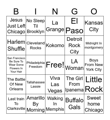 City Songs Bingo Card