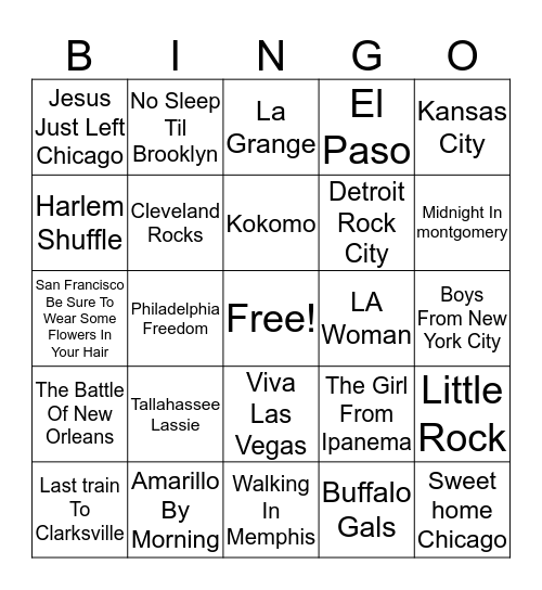 City Songs Bingo Card