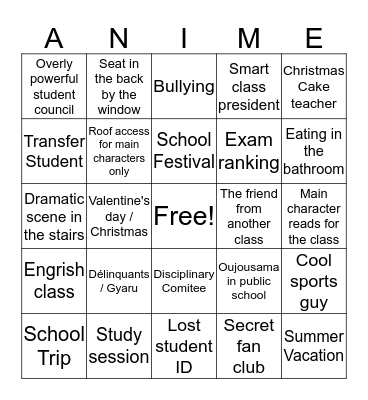 School Life Anime Bingo Card