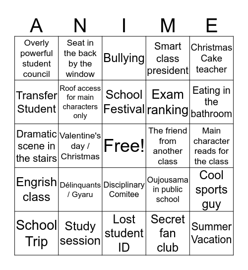 School Life Anime Bingo Card