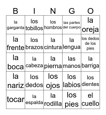 Las Partes Del Cuerpo Bingo Card