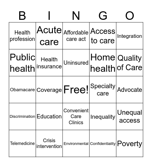 Managing Access to the Healthcare System Bingo Card