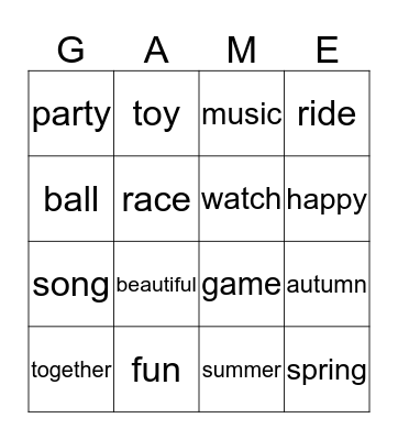 Amber Words Bingo Card