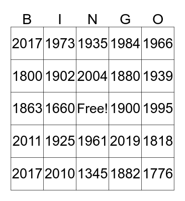 Years Bingo Card