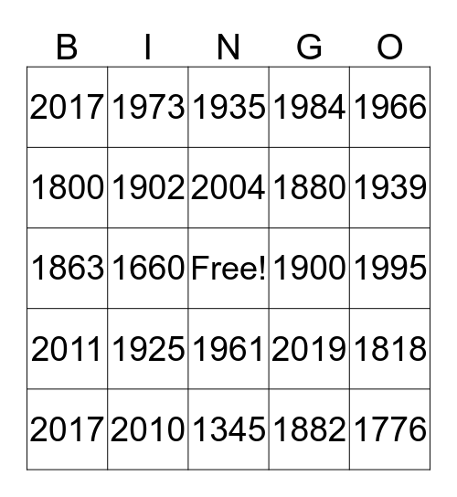 Years Bingo Card