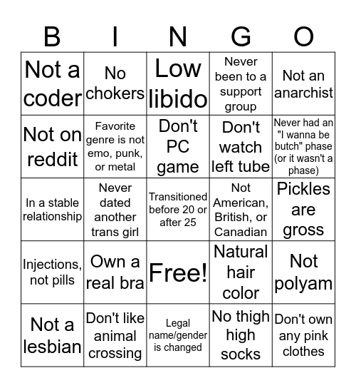 Defying trans girl stereotypes bingo Card