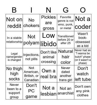 Defying trans girl stereotypes bingo Card