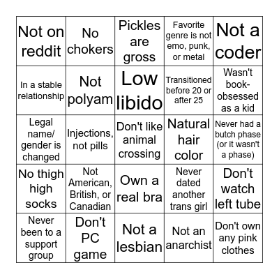 Defying trans girl stereotypes bingo Card