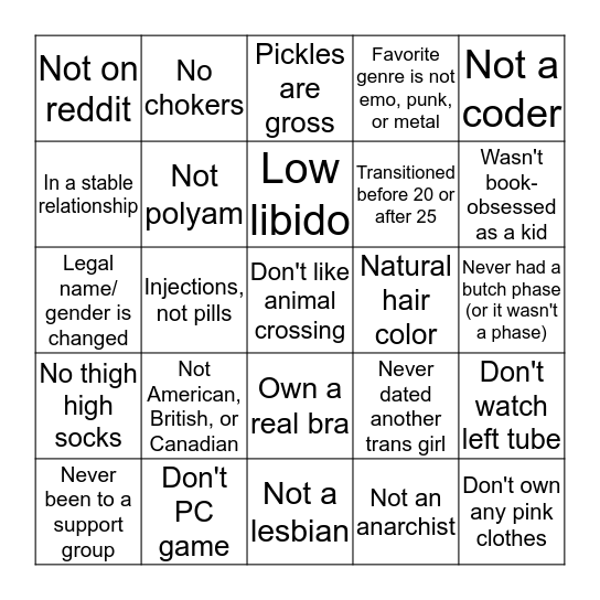 Defying trans girl stereotypes bingo Card
