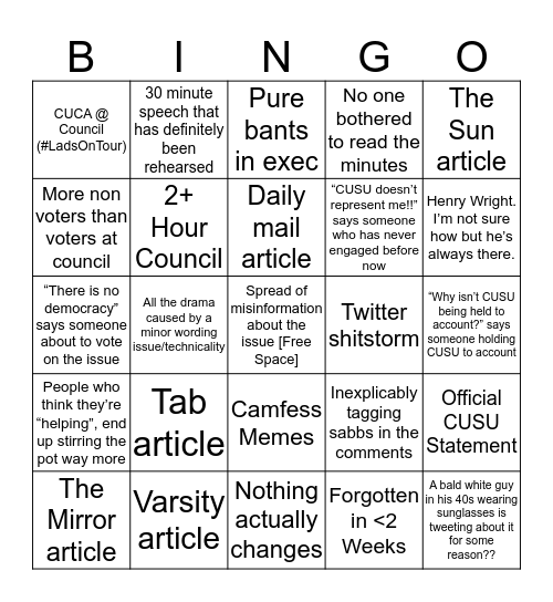 John’s “Laughing Through The Pain” CUSU Controversy Bingo Card