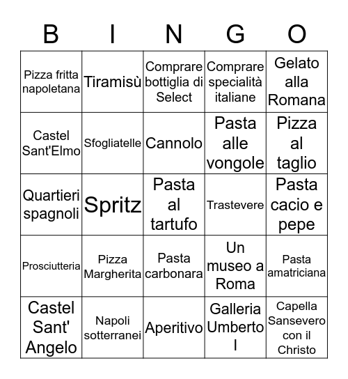 Une semaine en italie Bingo Card