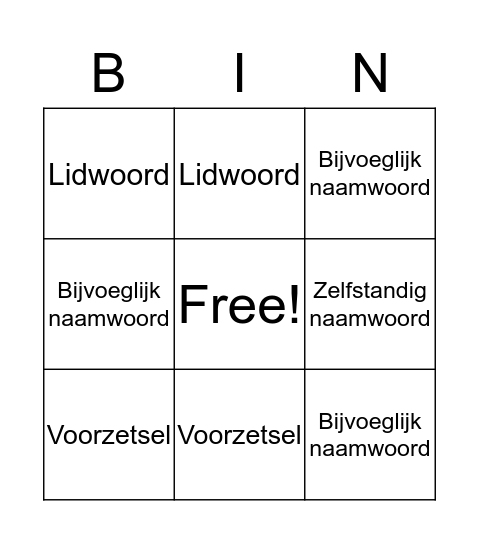 Woordsoorten Bingo Card