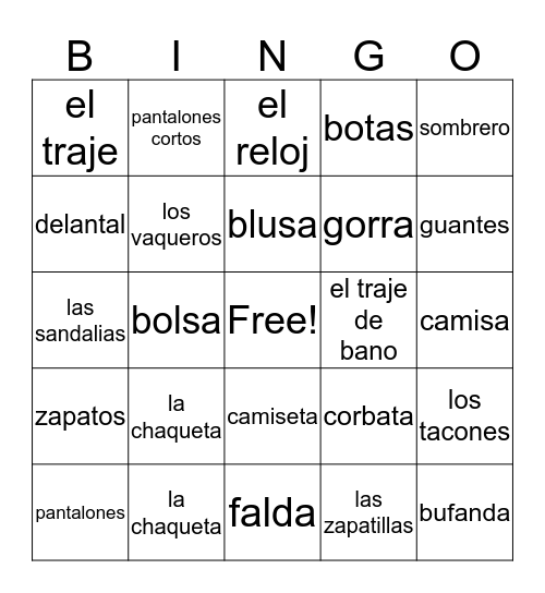 La ropa Bingo Card