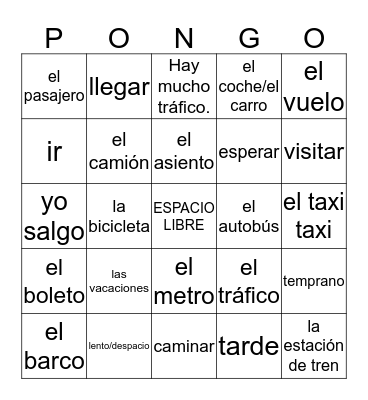 Transporte y viaje Bingo Card