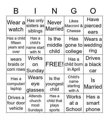 Family Trip Bingo Card