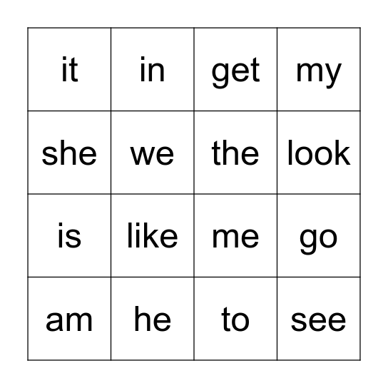Word Wall Word Bingo Card