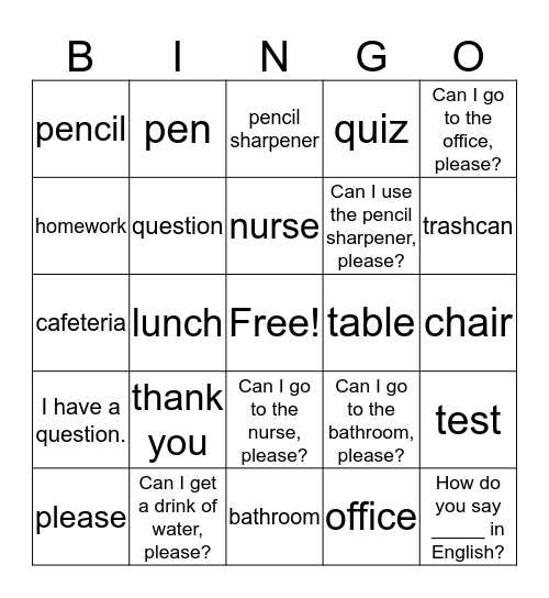 Phrases at School Bingo Card