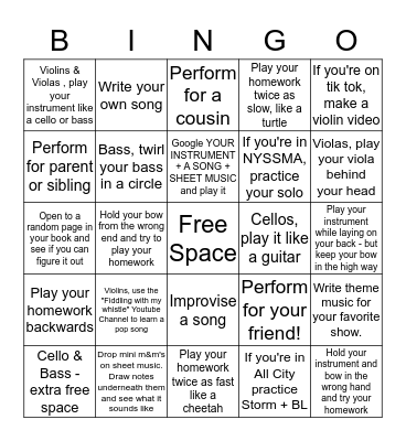 Orchestra Vacation Bingo (Cross off a tile for each one you complete) Bingo Card