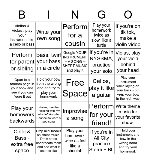 Orchestra Vacation Bingo (Cross off a tile for each one you complete) Bingo Card