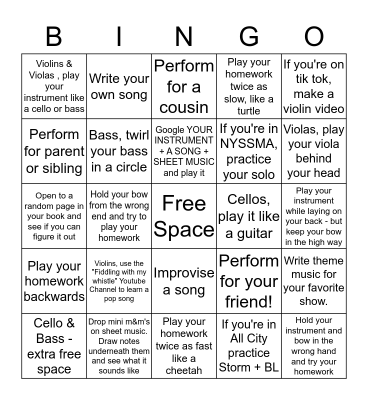 Orchestra Vacation Bingo (Cross off a tile for each one you 
