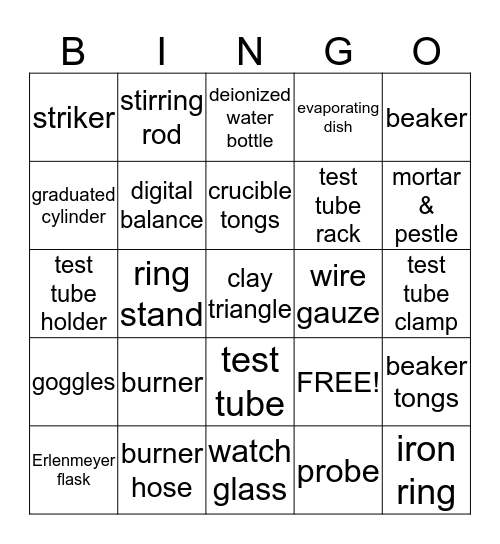 Chem Lab Equipment Bingo Card