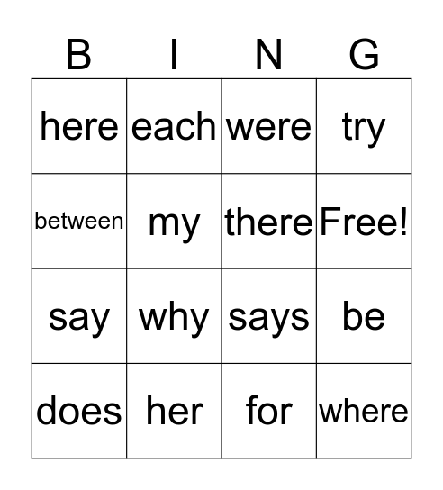 Sight Word BINGO Card