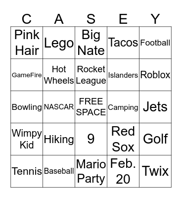 Casey Bingo Card