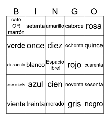 Colores y Numeros Bingo Card