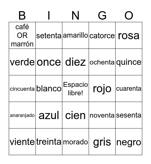 Colores y Numeros Bingo Card