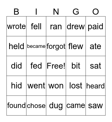 Past Tense Verbs Bingo Card