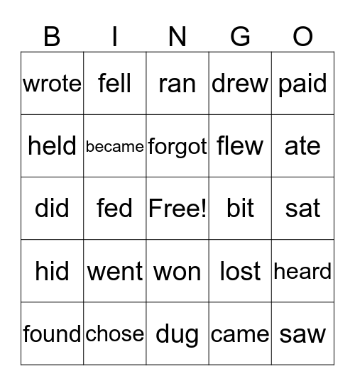 Past Tense Verbs Bingo Card