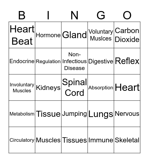 Body Systems Bingo Card