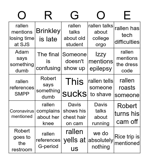 ORGO Bingo Card